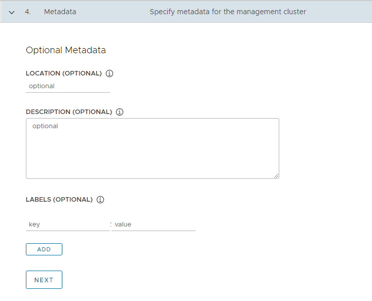 metadata page for management cluster