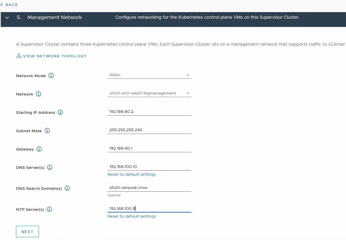 Screenshot of Management Network screen