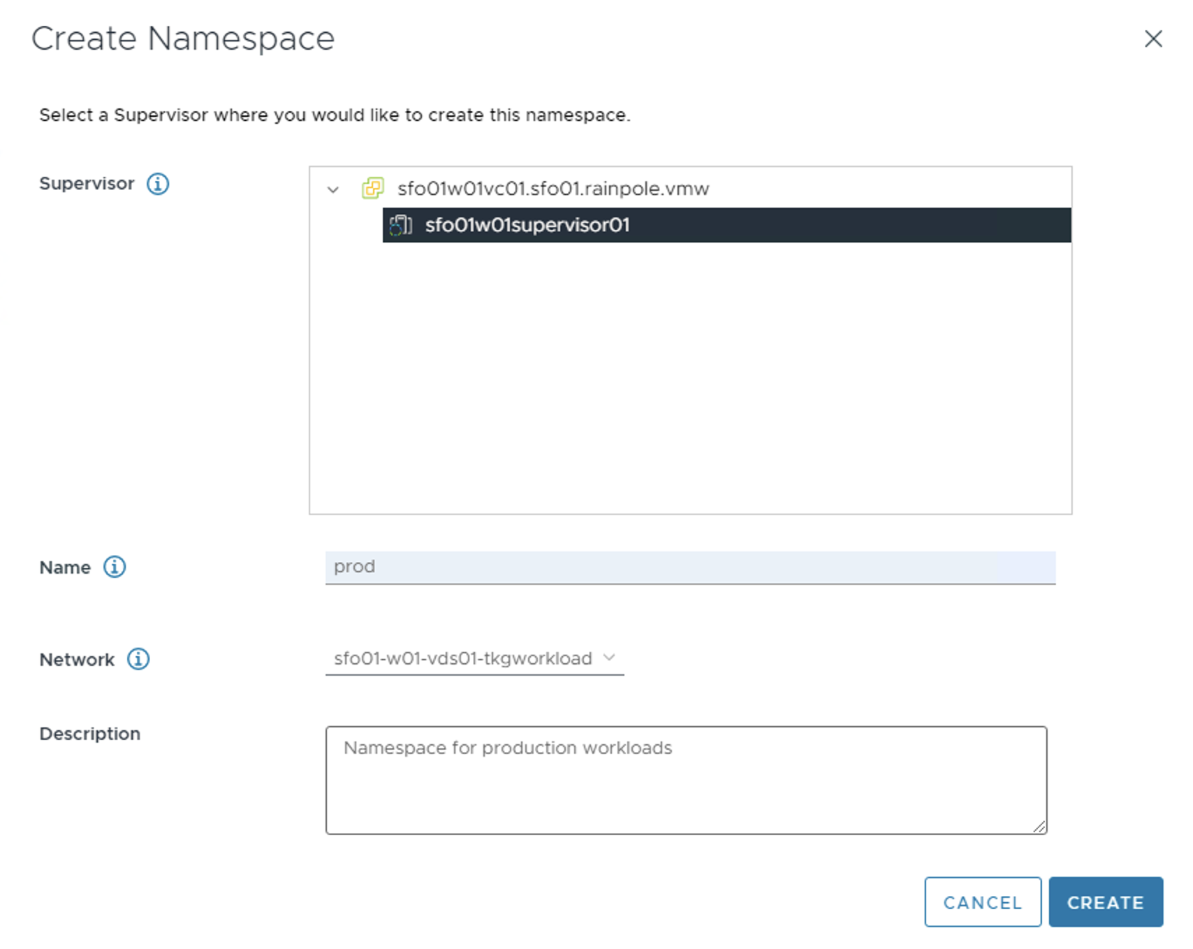 Screenshot of the Create Namespace screen