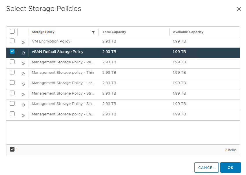 Screenshot of the Select Storage Policies