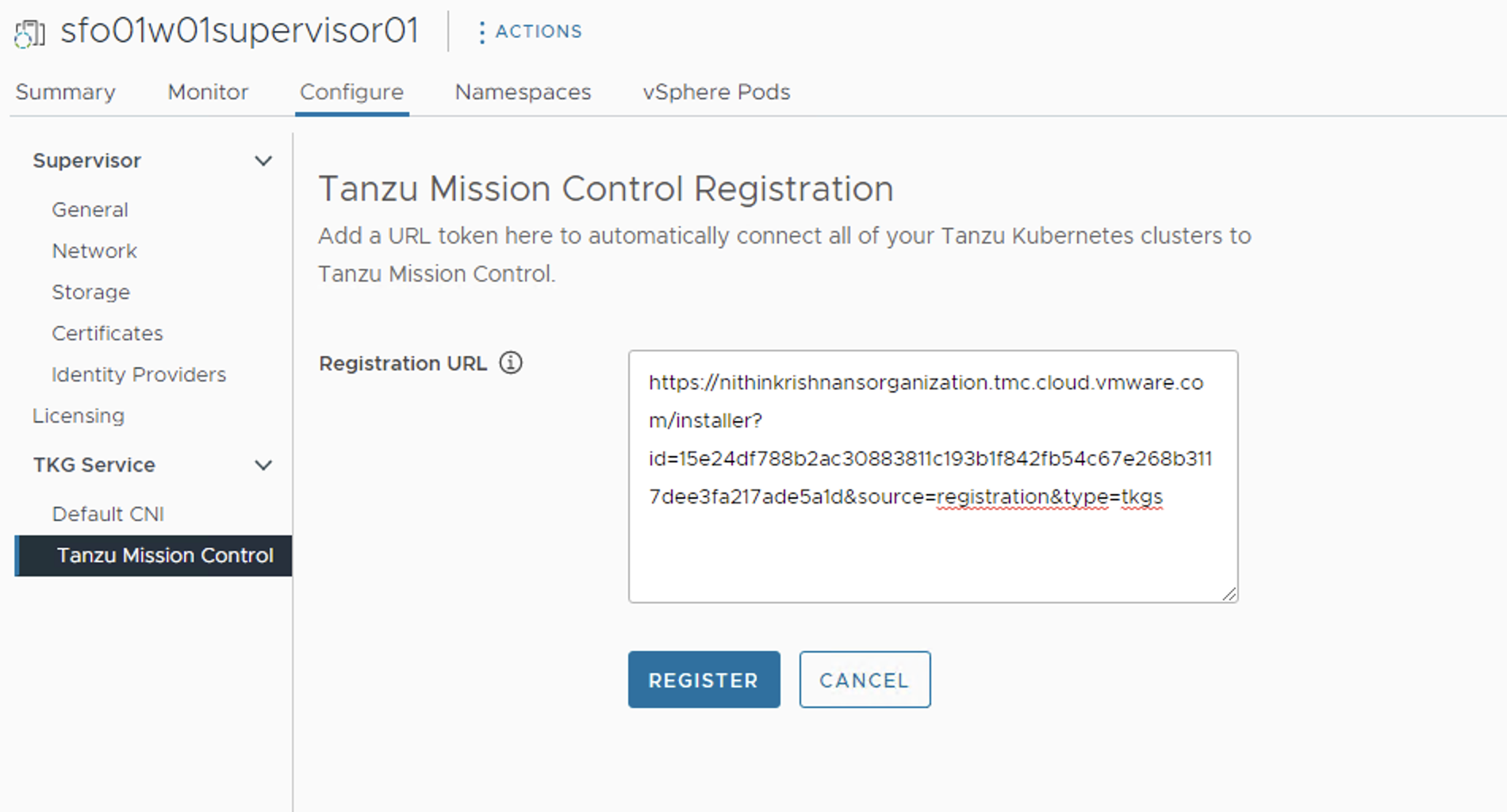 Screenshot of Tanzu Mission Control Registration screen
