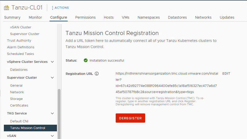 Screenshot Tanzu Mission Control Registration success screen