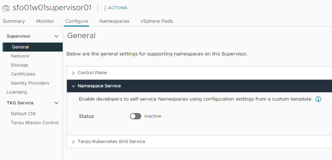 Screenshot of enabling Namespace Service