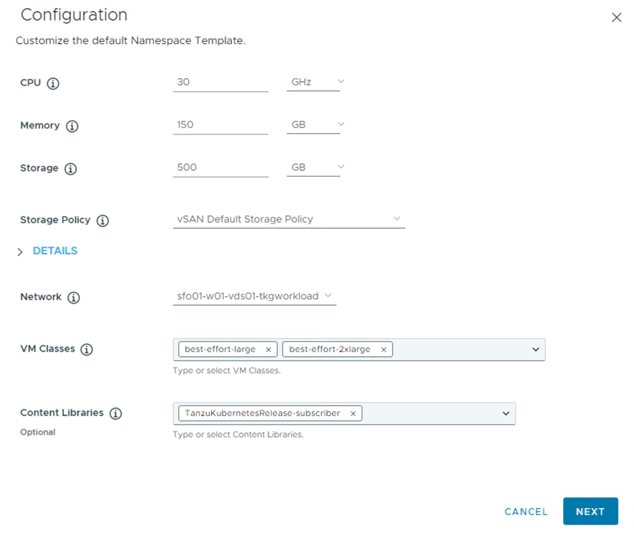 Screenshot of Namespace Service configuration