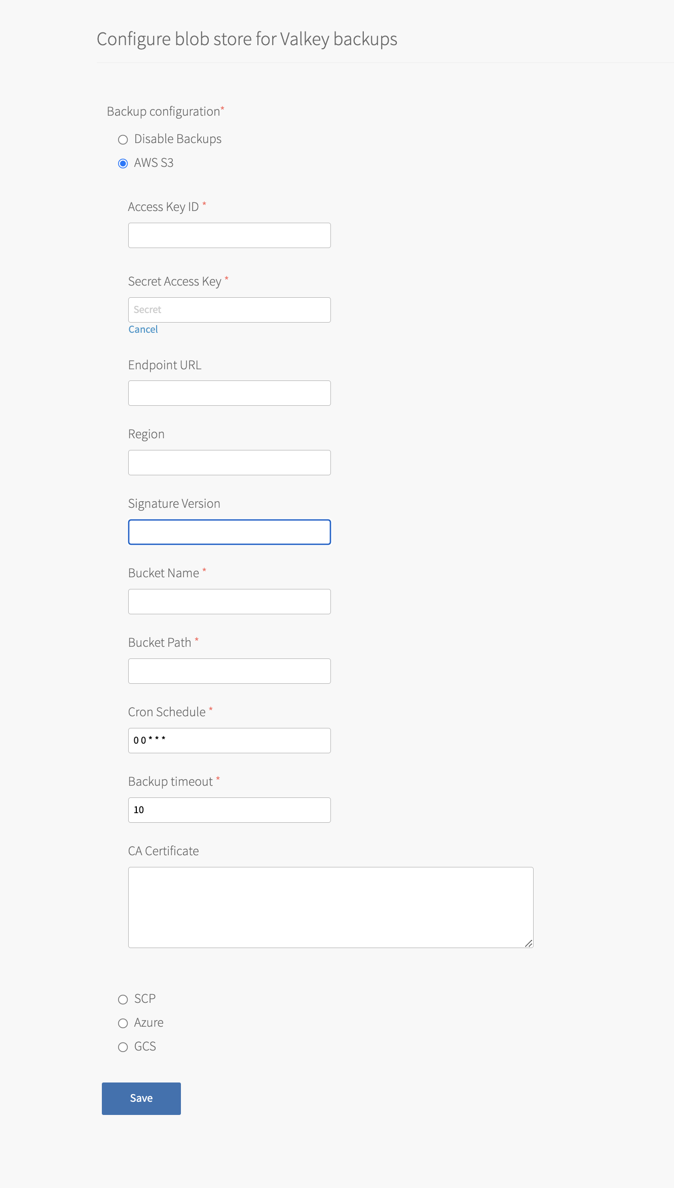 The Configure blob store for Valkey backups pane in Operations Manager with AWS S3 selected. See following step for a description of other fields.