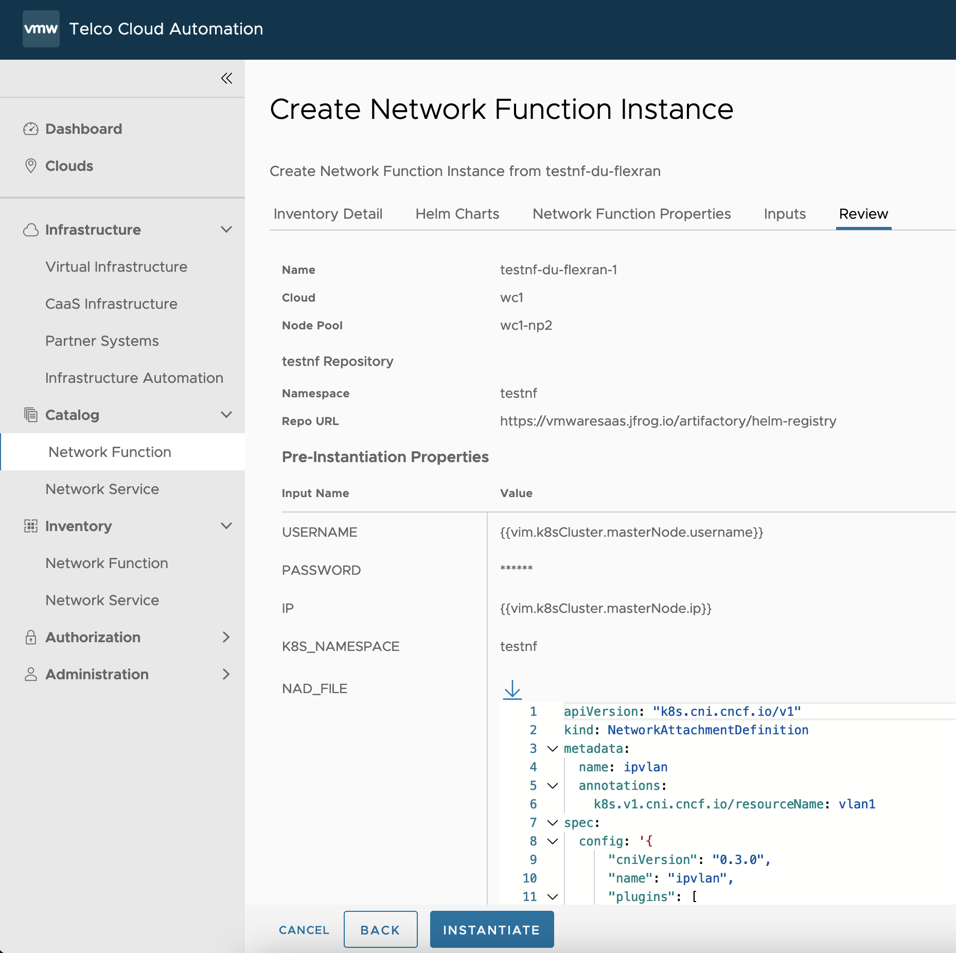 Reviewing network function instance setting for testnf-du-flexran