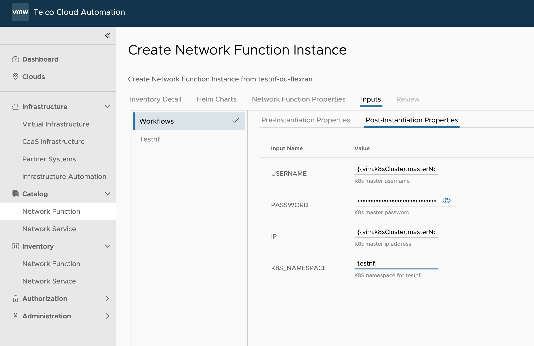 Input Post-Instantiation Properties for testnf-du-flexran