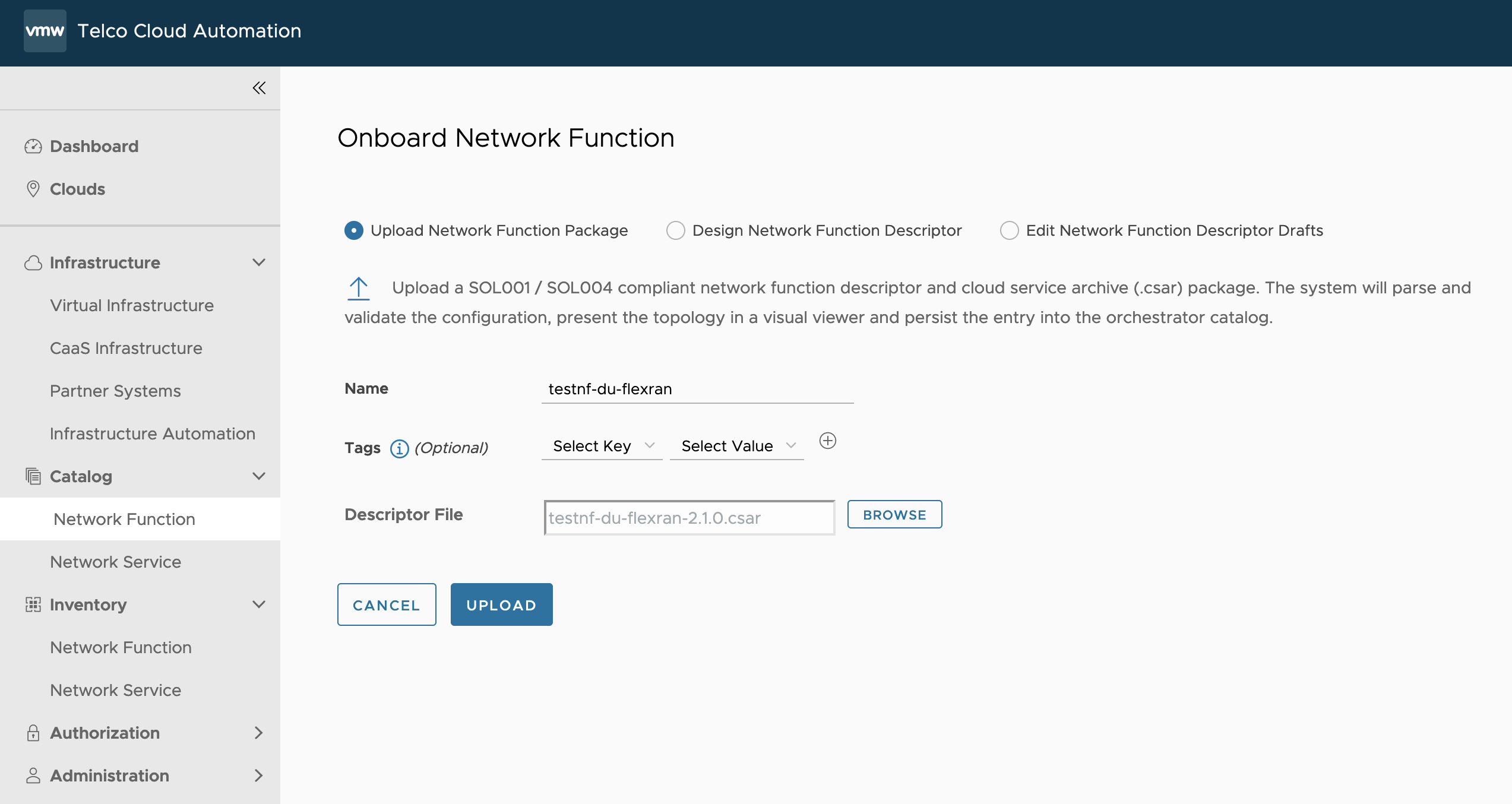 Onboard testnf-du-flexran Network Function