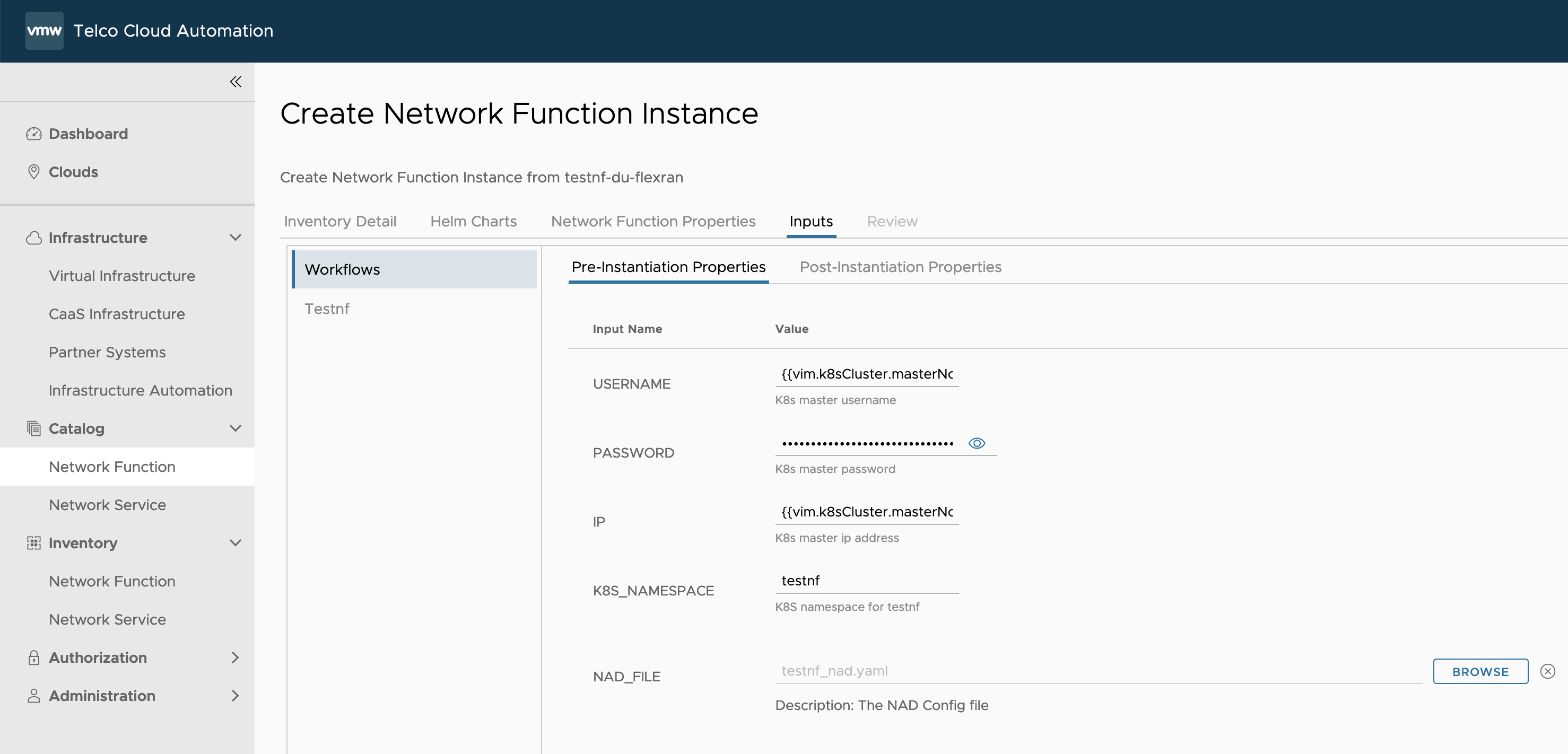 Input Pre-Instantiation Properties for testnf-du-flexran