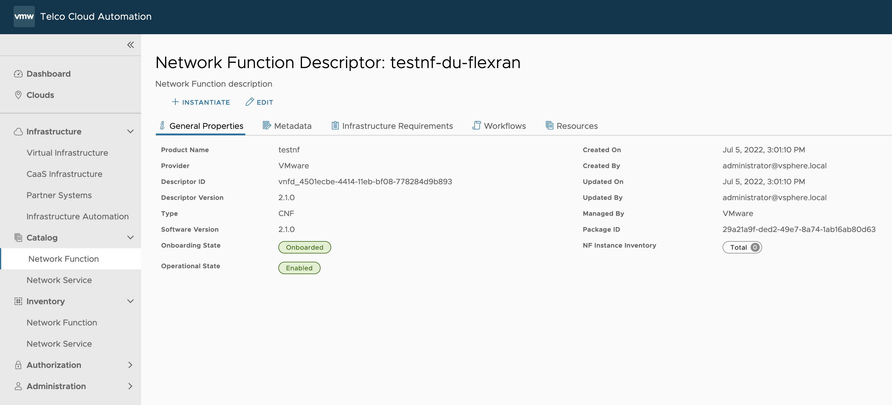 Selecting testnf-du-flexran Network Function Catalog