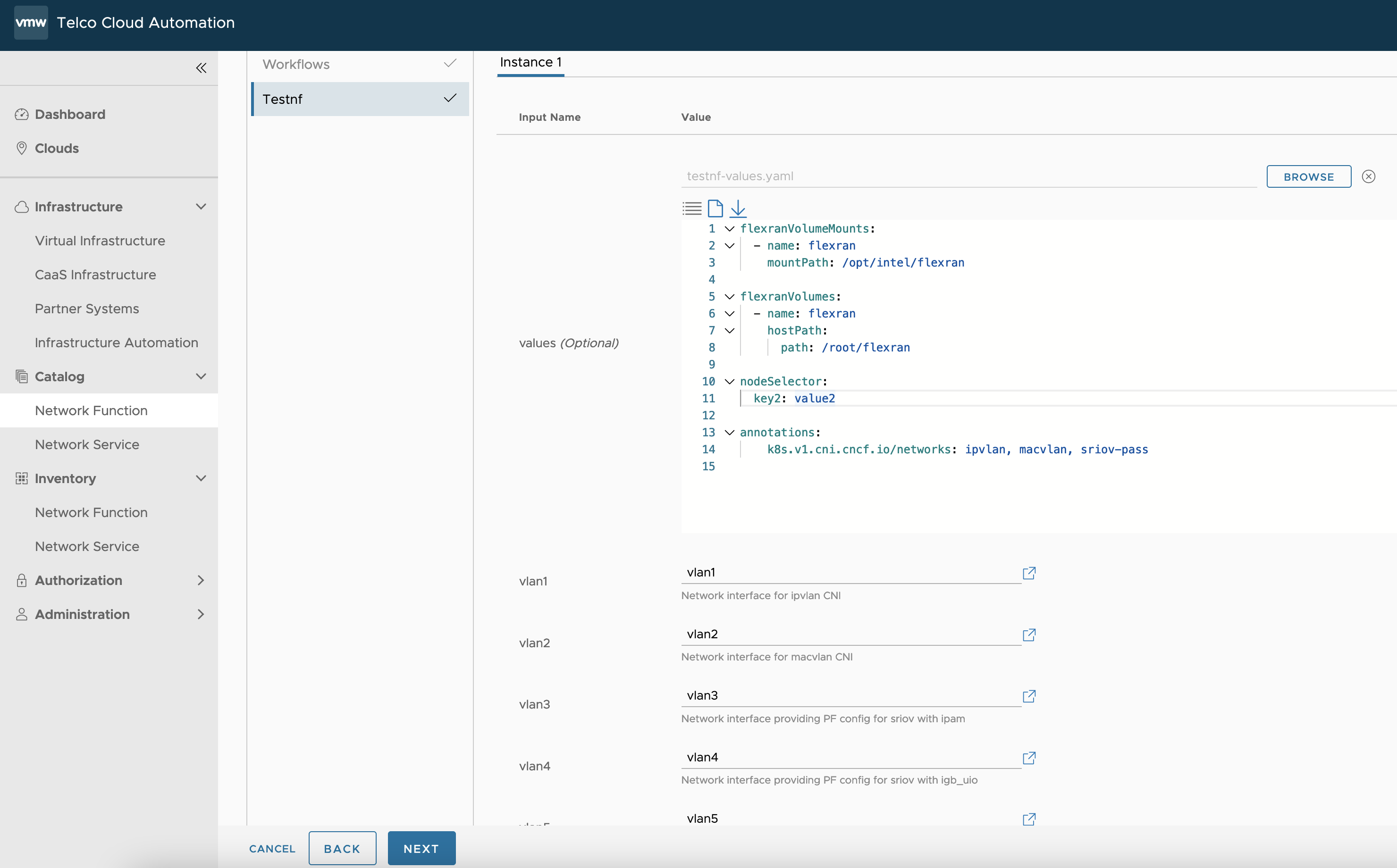 Input helm chart values.yaml and sriov network adapters info for testnf-du-flexran