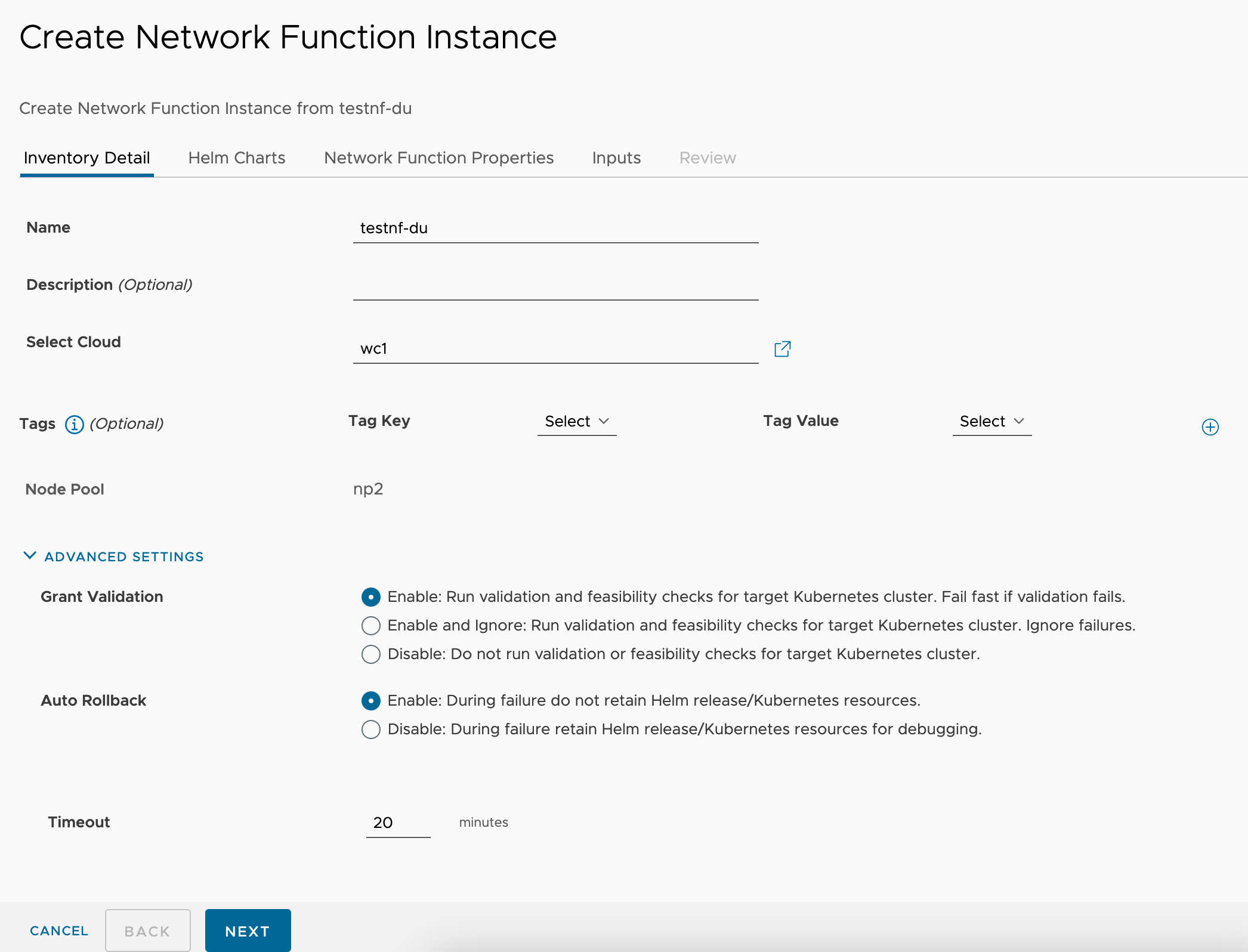 Create testnf-du Network Function Instance