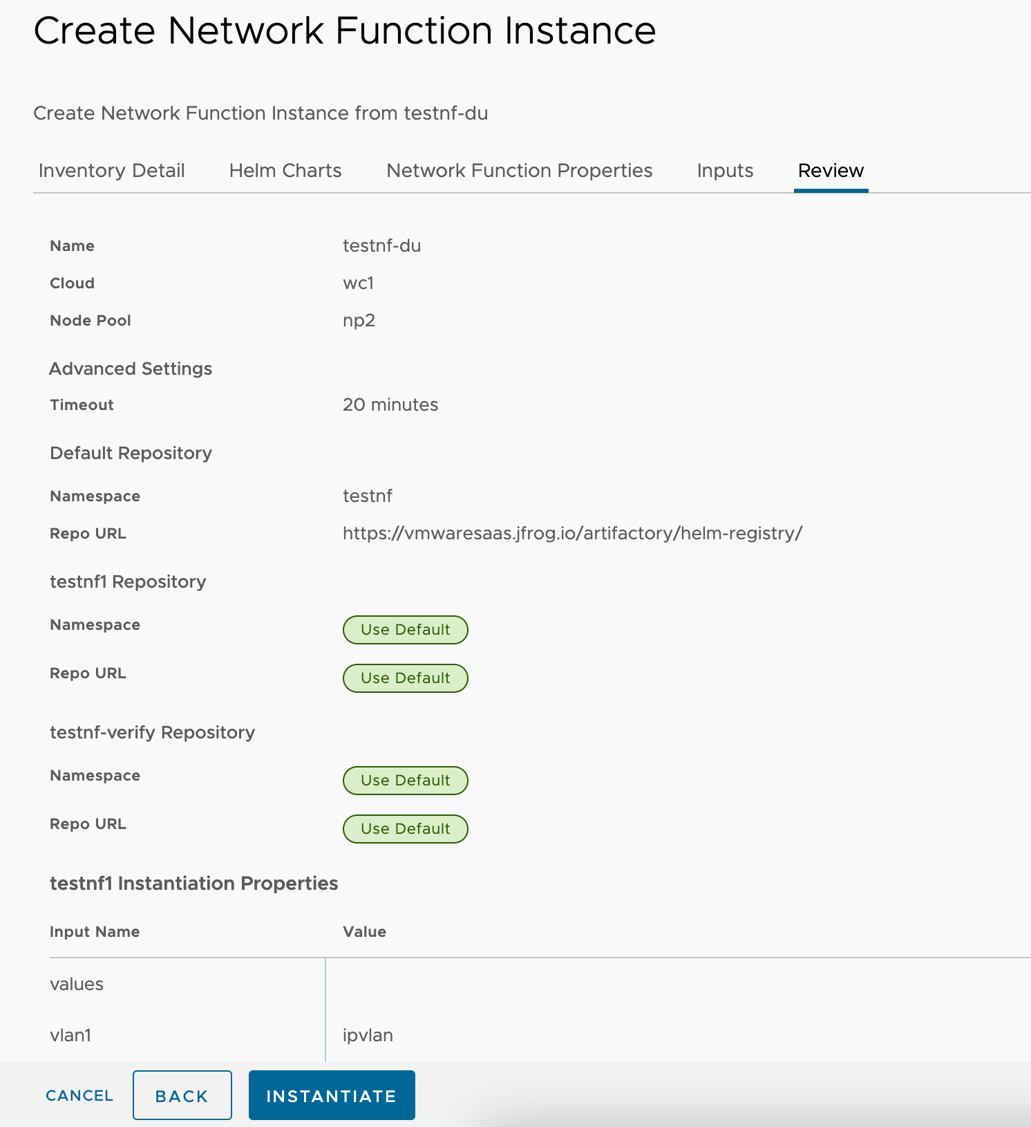 Review network function instance setting for testnf-du