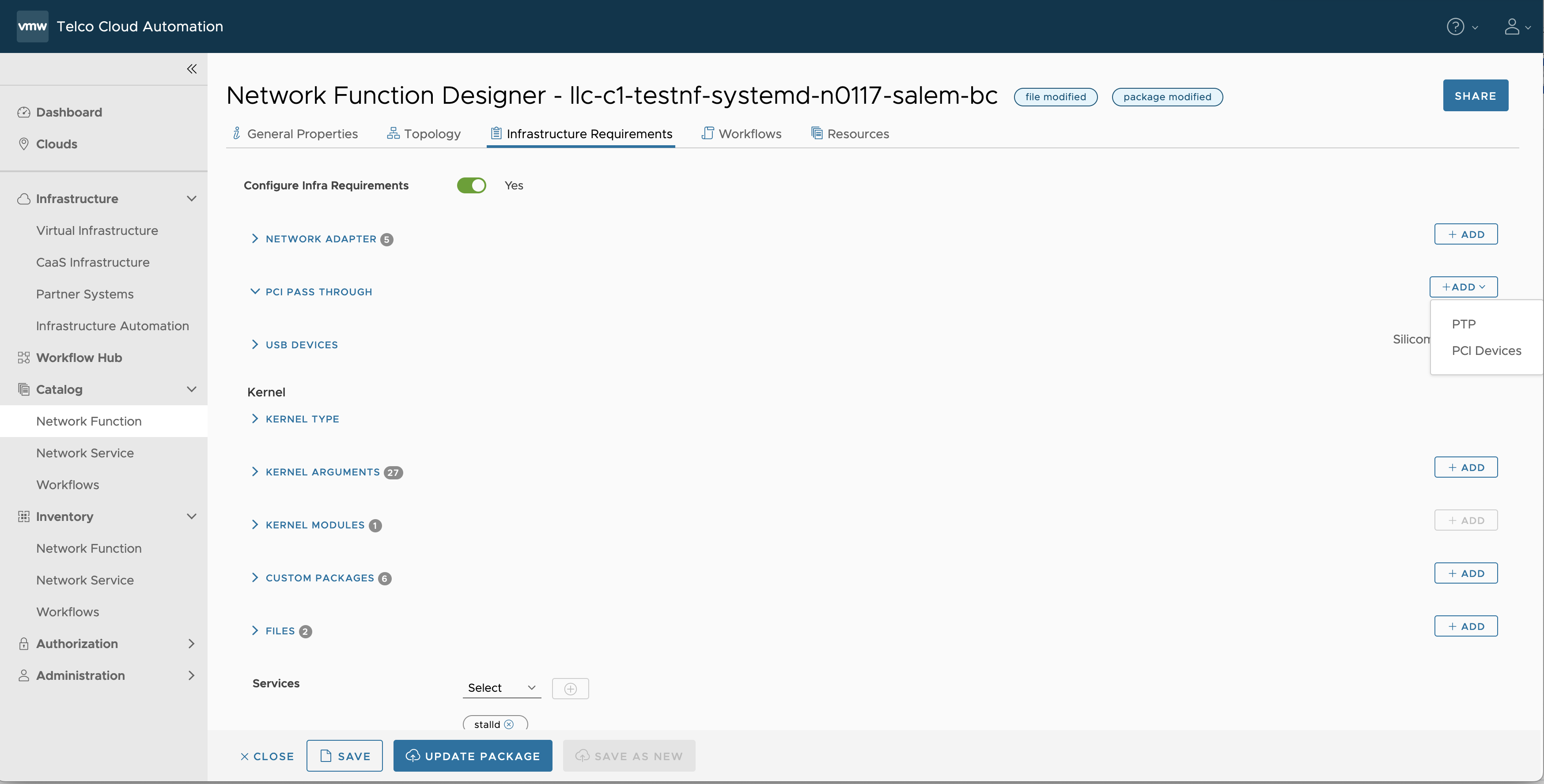 Infrastructure Requirements tab