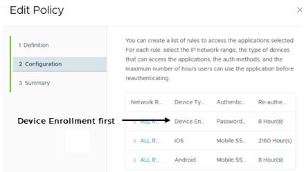 Workspace ONE Access Policy Order for Device Enrollment