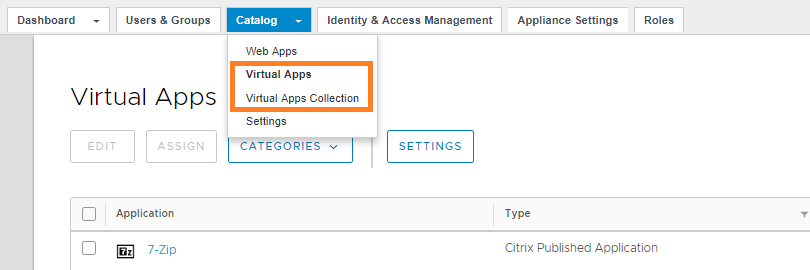 Catalog - virtual apps menu items