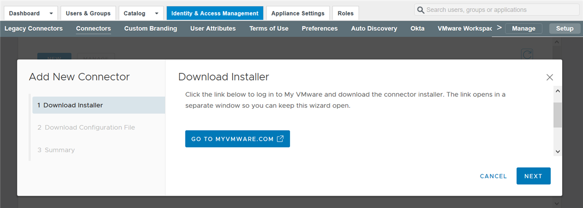 In the Download Installer page of the Add New Connector wizard, click Go to myvmware.com.