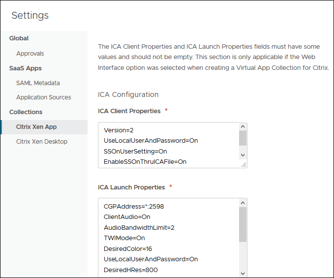 ICA properties dialog box