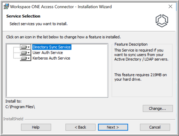 Install wizard - select services page