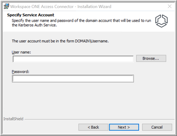 Install wizard - domain user account page