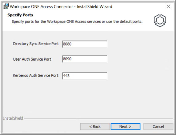 Default ports for services are 8080 for Directory Sync, 8090 for User Auth, 443 for Kerberos Auth, and 8008 for Virtual Apps.