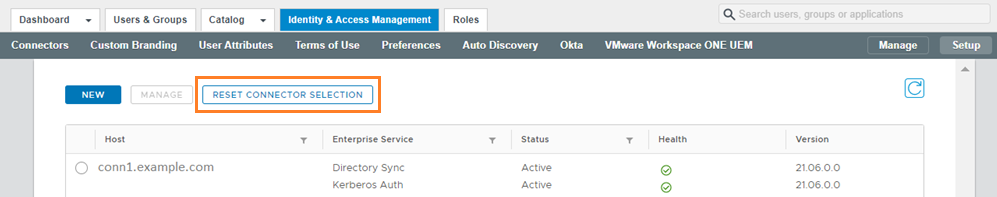The connectors page displays the Reset Connector Selection button.