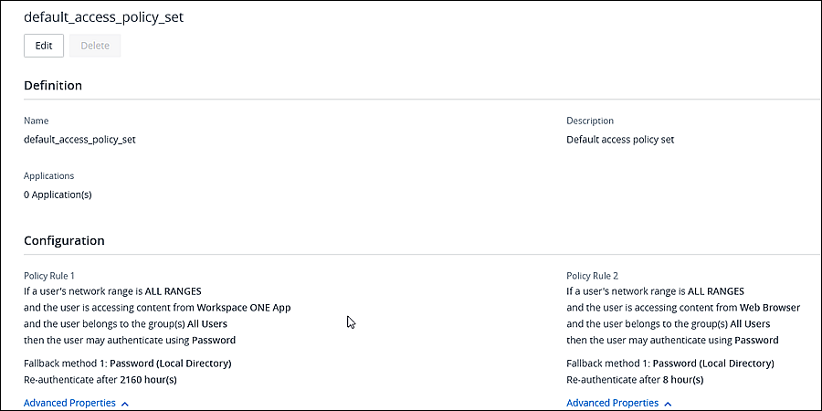 Screenshot of edit default access policy summary page