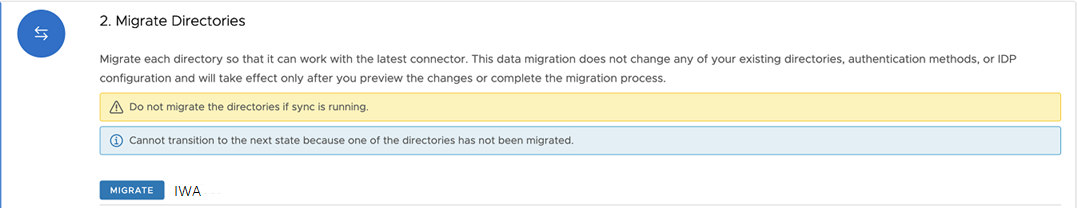 The Migrate Directories pane in the Migration Dashboard lists two directories, with a Migrate button next to each.