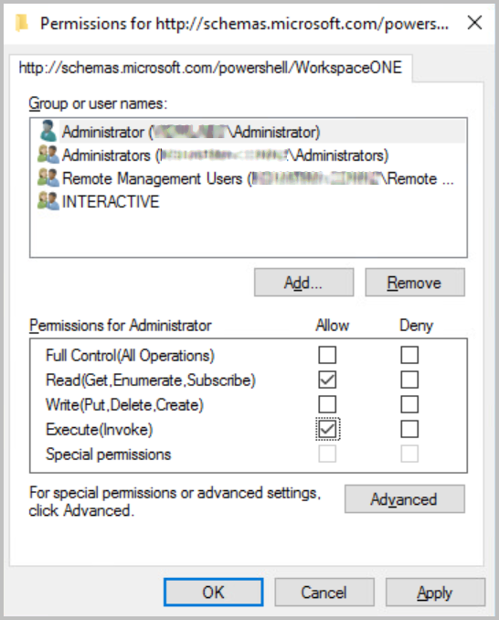 In the Permissions dialog box, a user named Administrator is selected and in the Permissions section, Execute(Invoke) is selected in the Allow column.