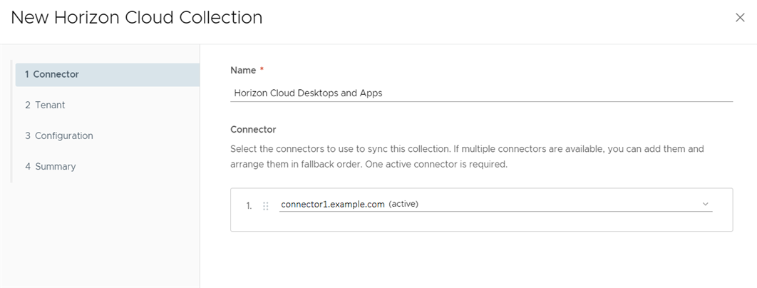 The connector page of the wizard has a collection named Horizon Cloud Desktops and Apps and a connector1.example.com active connector.