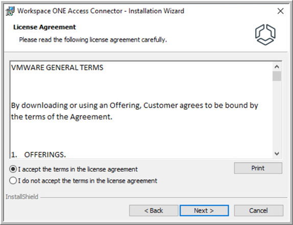 The "I accept the terms in the license agreement" option is selected.