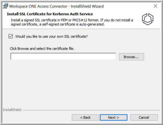 The "Would you like to use your own SSL certificate?" option is selected.
