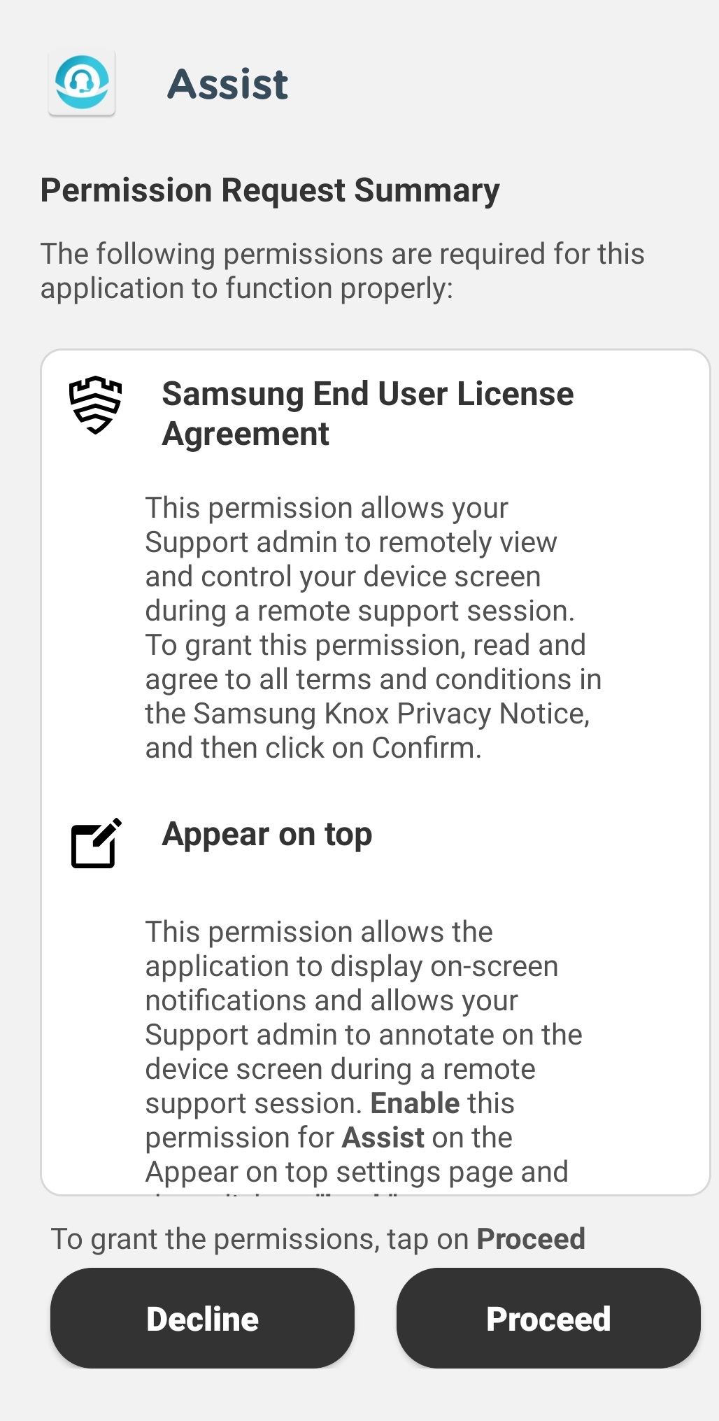 Android device showing the permission request summary.