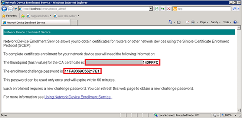 The Network Device Enrollment page showing the thumbprint for the CA certificate and enrollment challenge password.