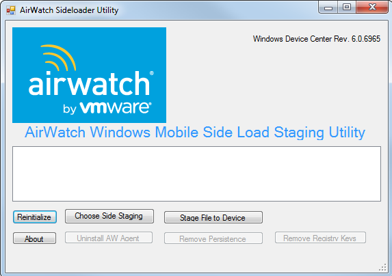 This screenshot shows the AirWatch Sideloader Utility after the device connects to your computer, enabling two buttons, Choose Side Staging and Stage File to Device.