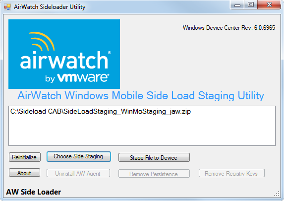 This screenshot shows the AirWatch Sideloader Utility after you click the Choose Side Staging button and selected the sideload staging package in ZIP format.