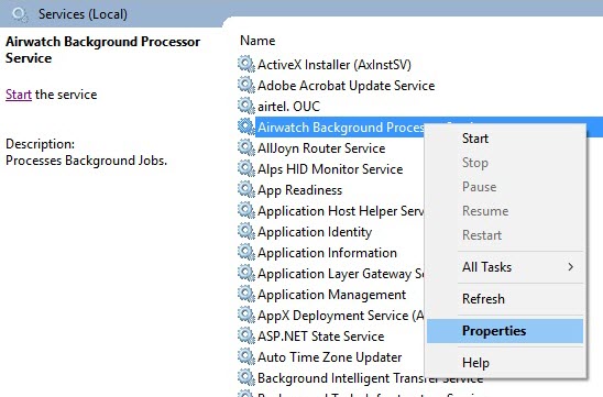 This screenshot shows the Services app with the Airwatch Background Processor Service highlighted.