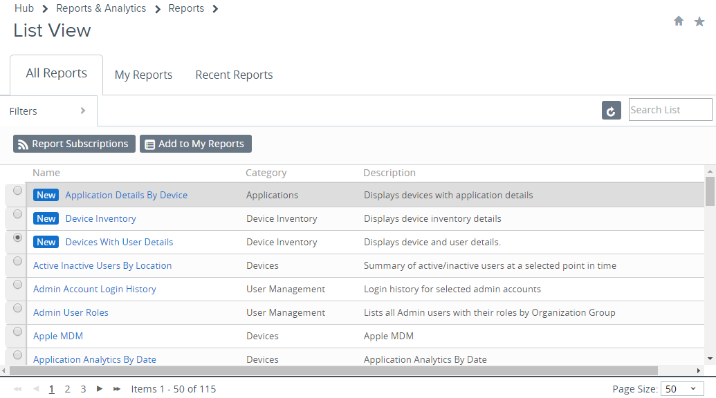 This screenshot shows the Reports List View, allowing you to select reports that you want to add to the export list for later viewing and analysis.