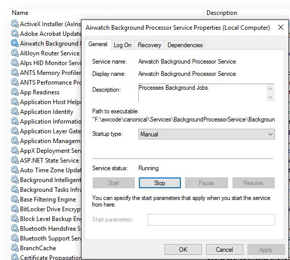 This screenshot shows the Properties of the Airwatch Background Processor Service, showing that it is running and the Stop button is enabled.