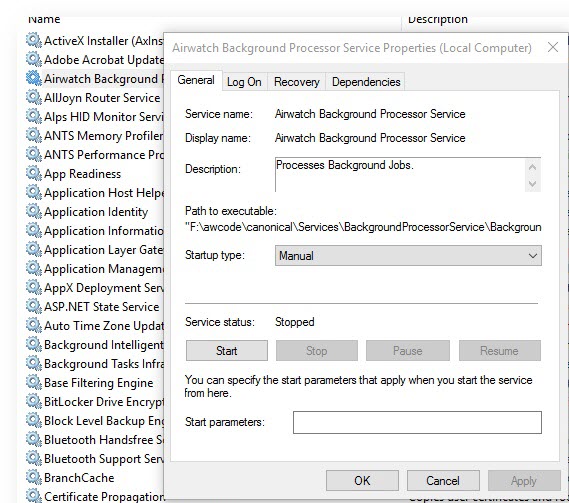 This screenshot shows the Properties of the Airwatch Background Processor Service, showing that it is not running, the Stop button is deactivated and the Start button is enabled.