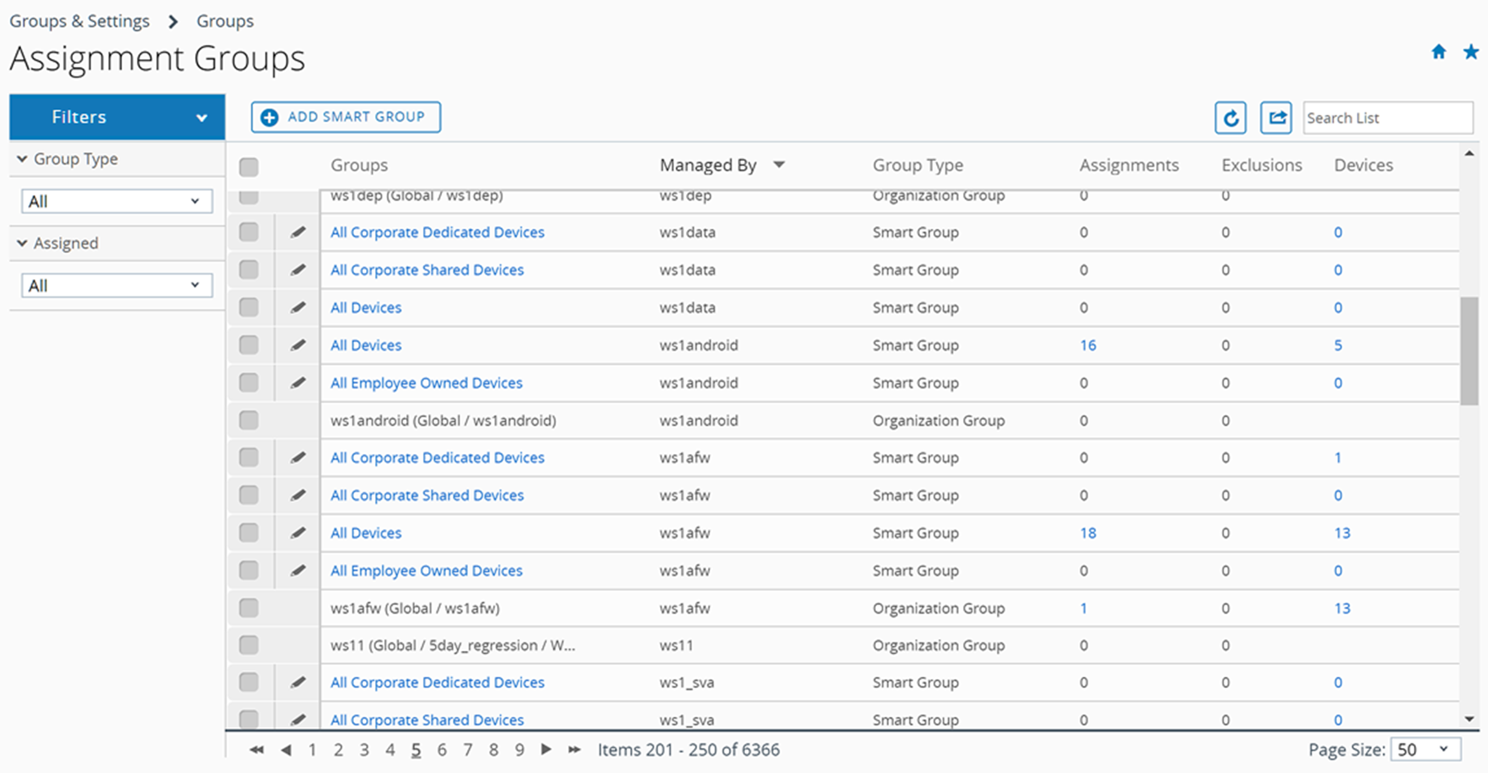 This screenshot of the Assignment Groups list view shows a typical listing of three kinds of groups and the Add Smart Group button.