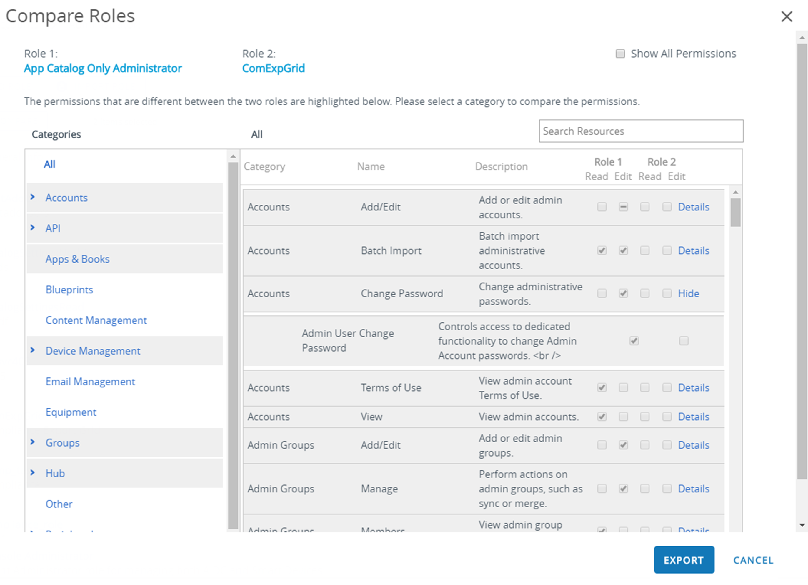 The screenshot of the Compare Roles page shows Categories on the left and searchable resource descriptions on the right.