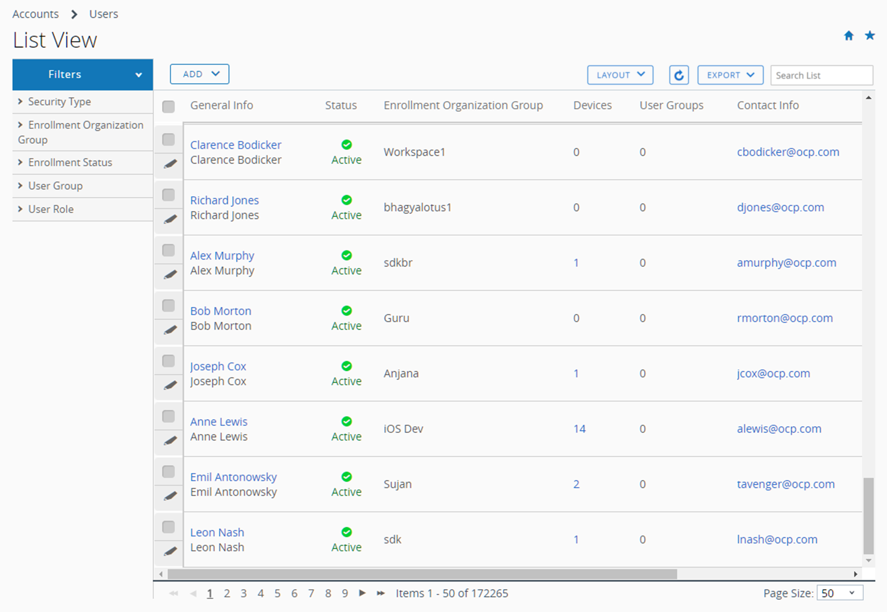 This screenshot displays the user account list view, showing the listing of device end users as they appear using filters and sorted by enrollment status.