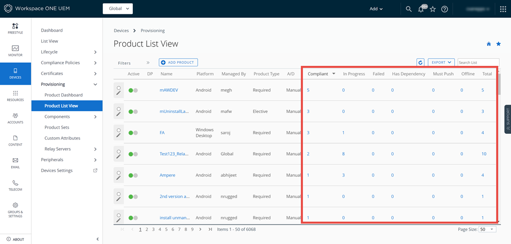 This screenshot displays the Provisioned Product List View, which enables you to create new products from existing components, edit existing products, see which devices have been provisioned with specific products, and more.