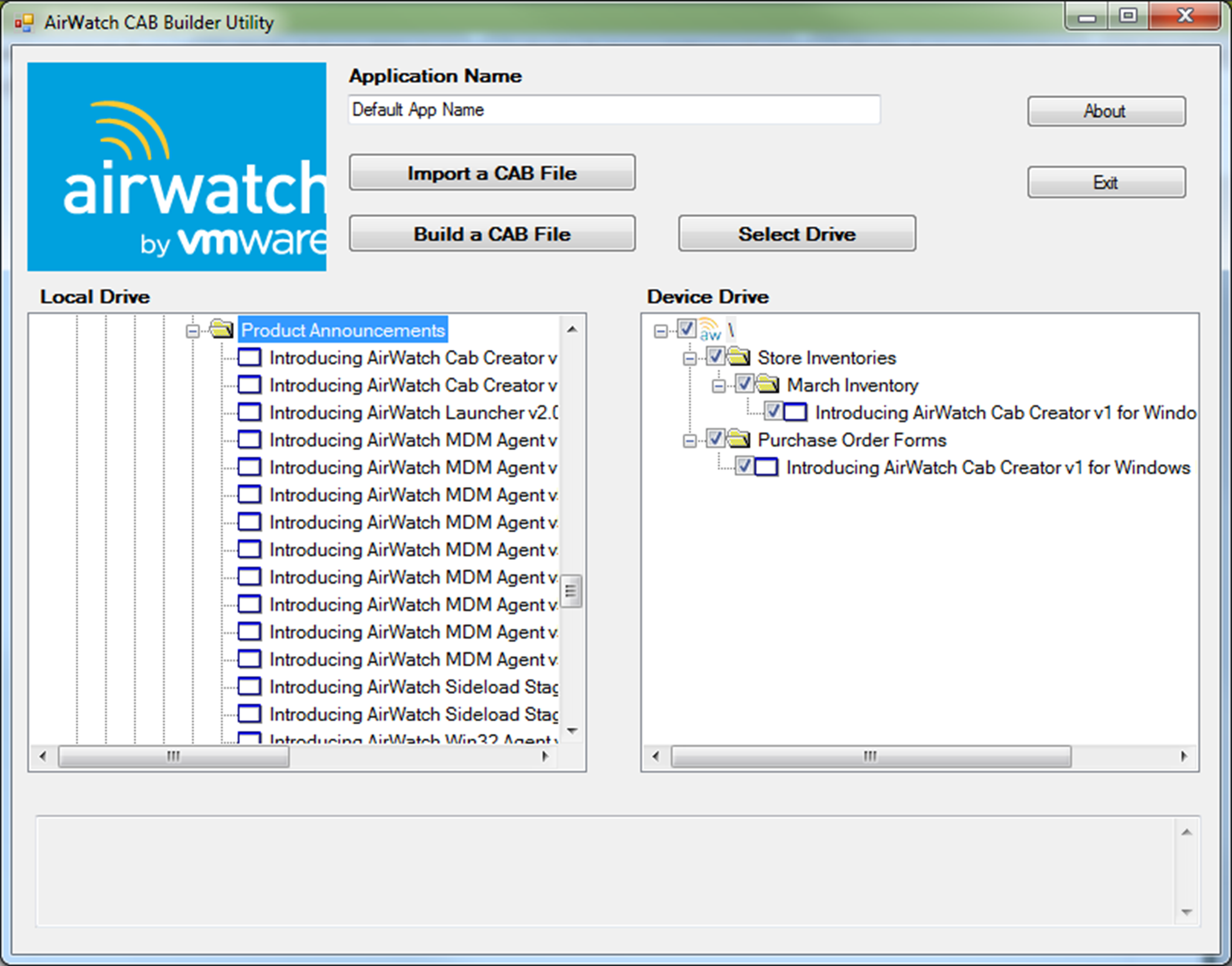 This screenshot shows the AirWatch CAB Builder Utility, which enables you to make your own CAB files to install onto Windows Rugged devices.