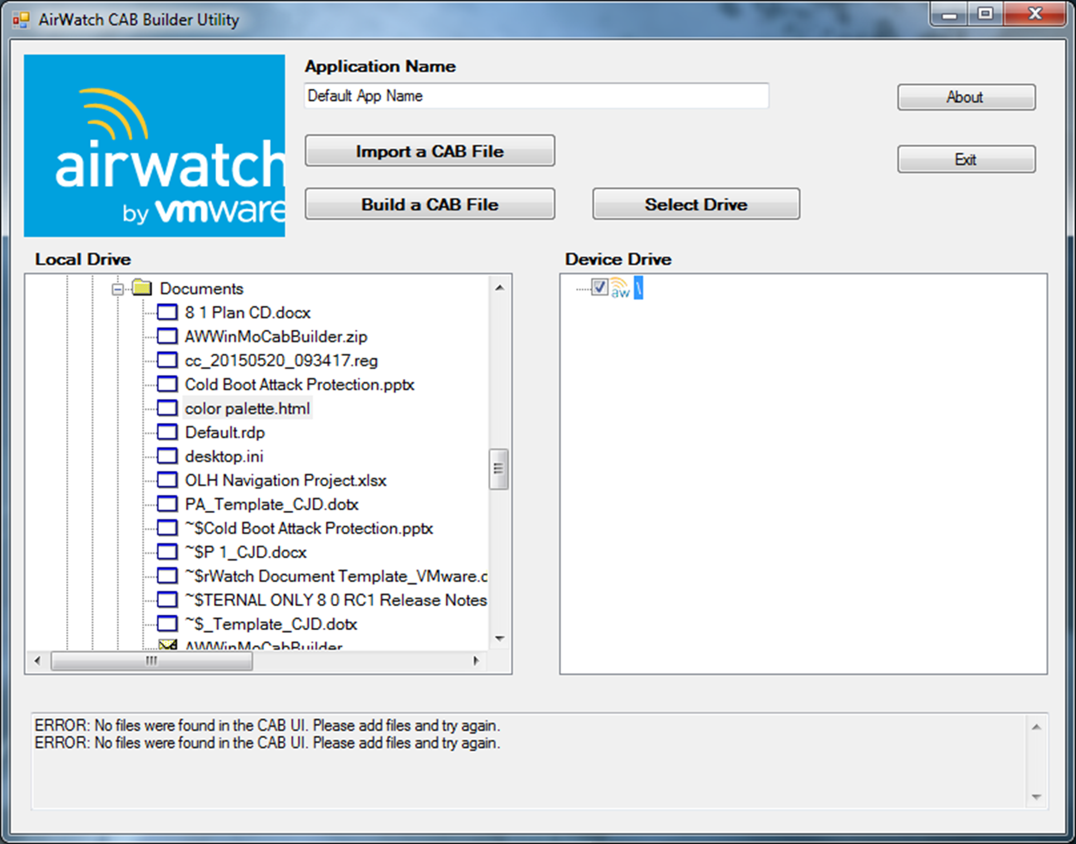 This screenshot shows the AirWatch CAB Creator Utility screen after you begin navigating your local drive in search of content to add to the CAB.