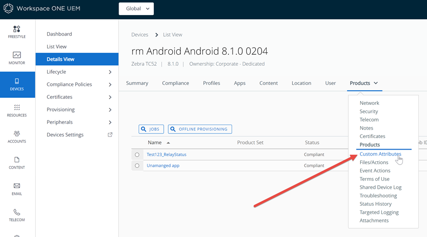 This screenshot displays the Details View for an Android device with a custom attribute.