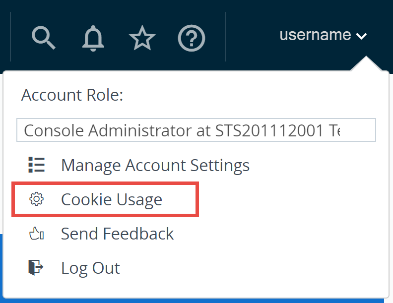 This partial screenshot shows the Username Account drop down menu when you are logged in to your VMware Cloud Services account, revealing a "Cookie Usage" selection, allowing you to configure them.