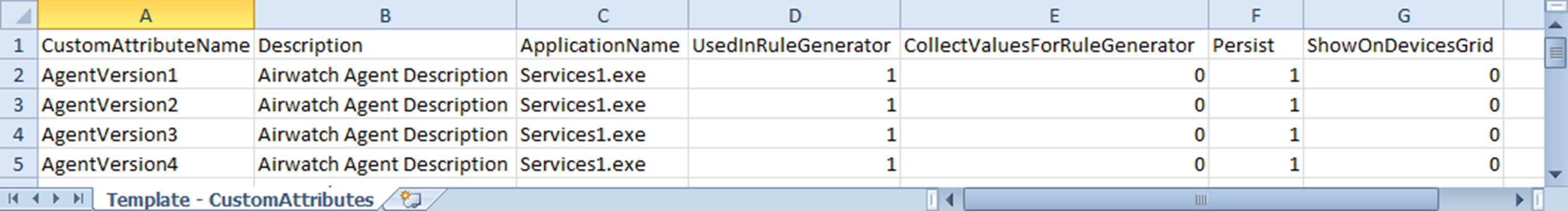 This screenshot shows a sample custom attributes template, partially completed.