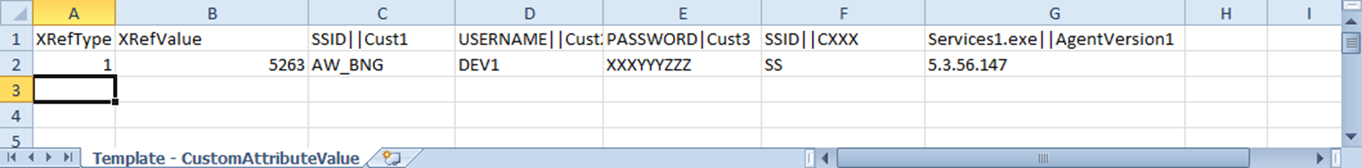 This screenshot shows a sample of the device custom attribute values template.